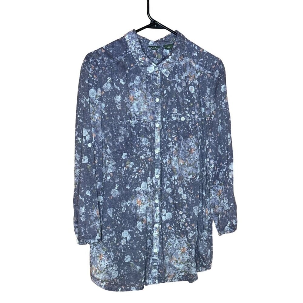 Vintage Eddie Bauer Paint Splatter  Print Button-Up Blouse Long Convertible Slee
